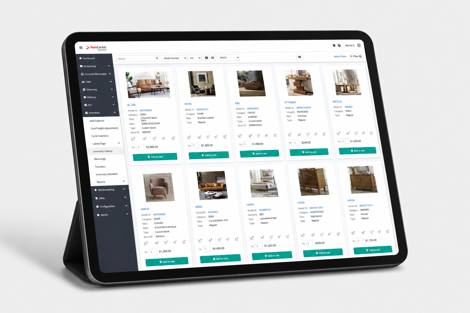 PointCentric furniture retail software inventory look-up screen shown on tablet