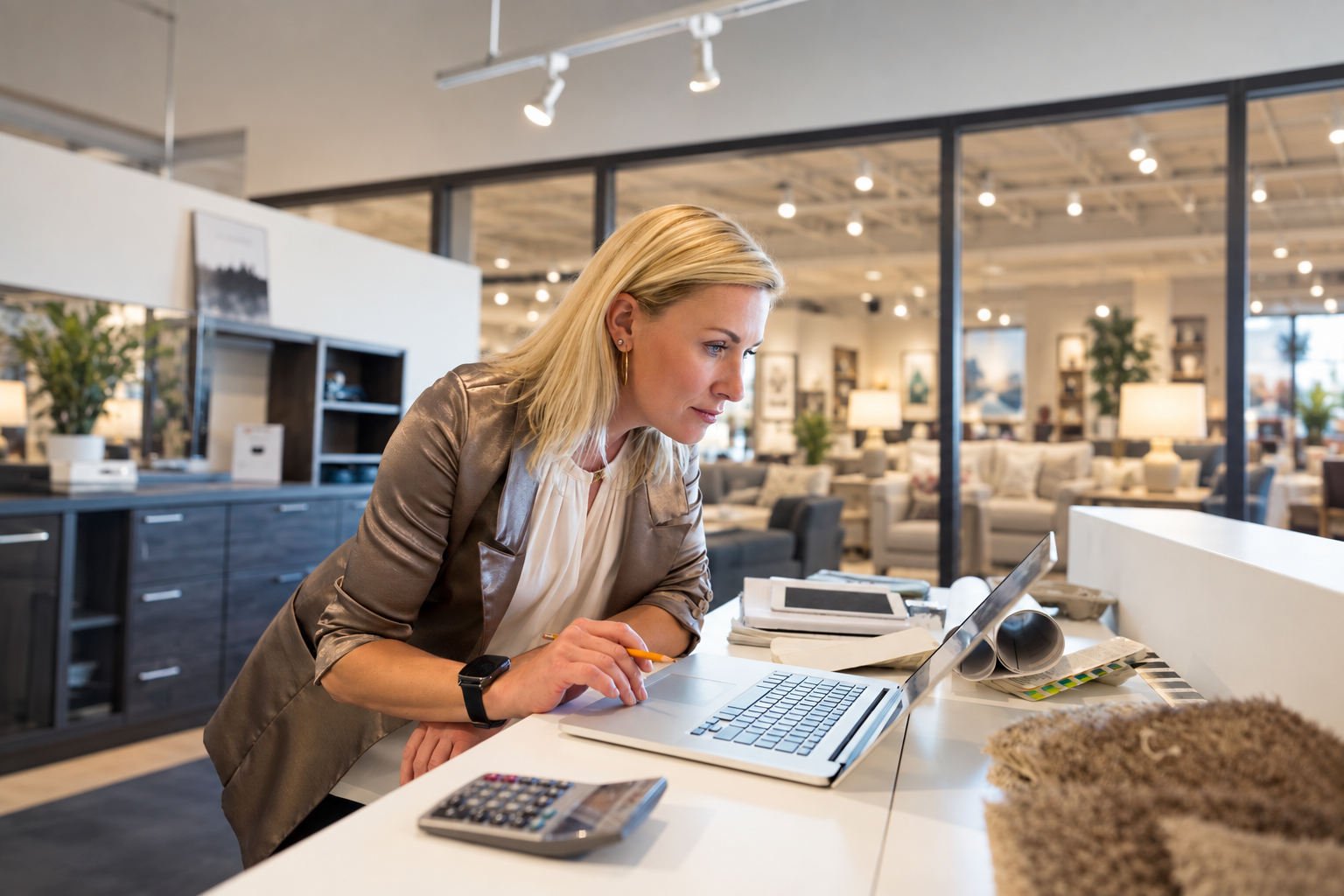 Manager of a furniture retail store looking at computer