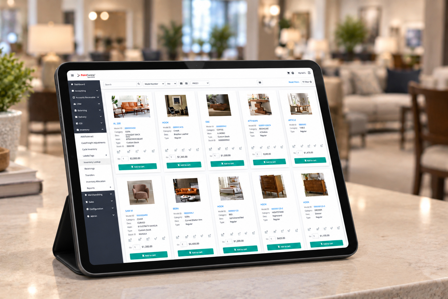 Tablet of inventory in stock in a furniture store